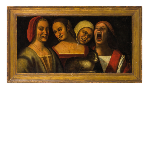 PITTORE DEL XVI - XVII SECOLO Quattro figure che ridono<br>Olio su tela, cm 52X102