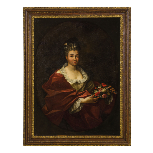 PITTORE DEL XVIII SECOLO Ritratto di dama<br>Olio su tela, cm 132X98