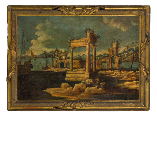 PITTORE VENETO DEL XVIII SECOLO Veduta con capriccio architettonico<br>Olio su tela, cm 93X131