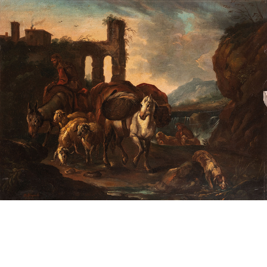PITTORE ATTIVO A ROMA DEL XVII - XVIII SECOLO Paesaggio con pastore e animali<br>Olio su tela, cm 51
