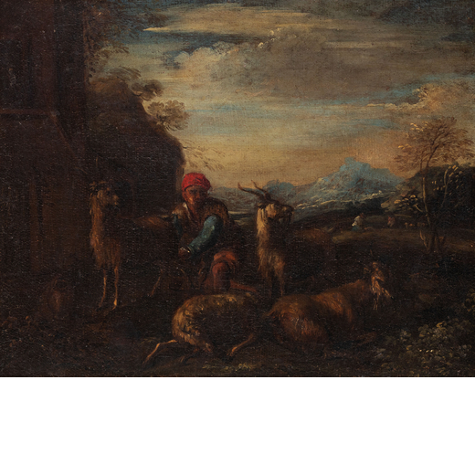 PITTORE ATTIVO A ROMA NEL XVII-XVIII SECOLO Paesaggio con pastore<br>Olio su tela, cm 35X43