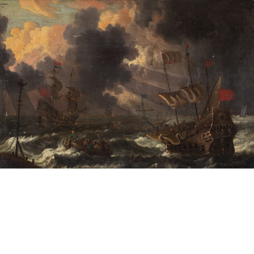 PETER VAN DE VELDE (attr. a) (Anversa 1634 - dopo il 1707)<br>Marina con vascelli<br>Olio su tavolet
