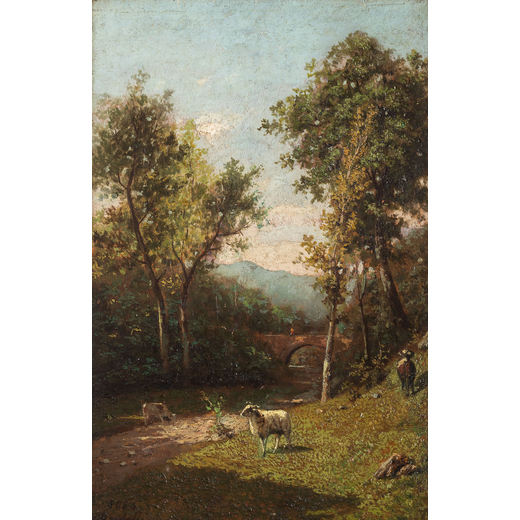 LUIGI BERTELLI Caselle San Lazzaro 1832 - Bologna 1916<br>Paesaggio agreste con contadini e animali 