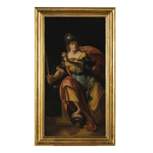 AURELIO LOMI (maniera di) (Pisa, 1556 - 1623/1624)<br>Allegoria della Giustizia<br>Olio su tela, cm 