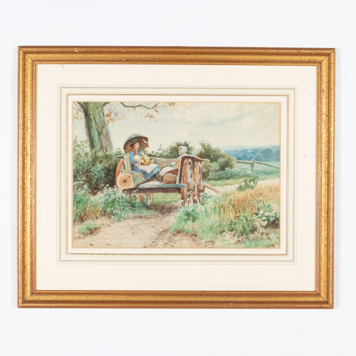 ALFRED E. WRAGGE Inghilterra, 1856 - 1937<br>Paesaggio di campagna con bambine sul carro <br>Firmato