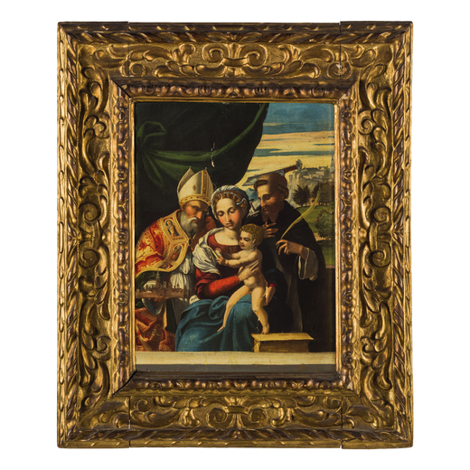 PITTORE DEL XVI SECOLO Madonna con il Bambino, San Pietro Martire e San Mercuriale)<br>Olio su tavol