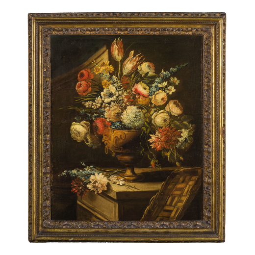 PITTORE LOMBARDO DEL XVIII SECOLO Vaso fiorito con cesto e fiori recisi<br>Olio su tela, cm 72,5X59,