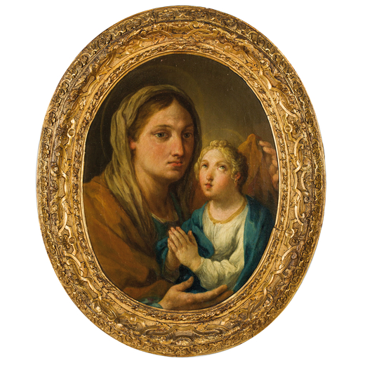 PITTORE DEL XVIII SECOLO Madonna con il Bambino<br>Olio su tela, ovale, cm 47X36