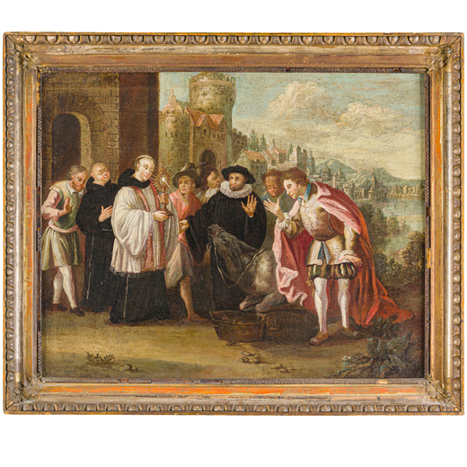 PITTORE DEL XVII-XVIII SECOLO  Miracolo della mula<br>Olio su tela, cm 55,5X70,5