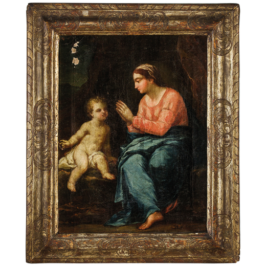 PITTORE EMILIANO DEL XVII-XVIII SECOLO Madonna della Ghiara<br>Olio su tela, cm 41X31<br>