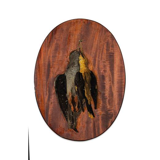 PITTORE DEL XIX SECOLO  Cacciagione<br>Ovale in legno dipinto, cm 39X52