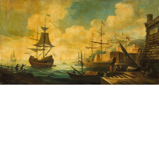 PITTORE DEL XVIII-XIX SECOLO Veduta ideale di porto con navi alla fonda<br>Olio su tela, cm 110X190