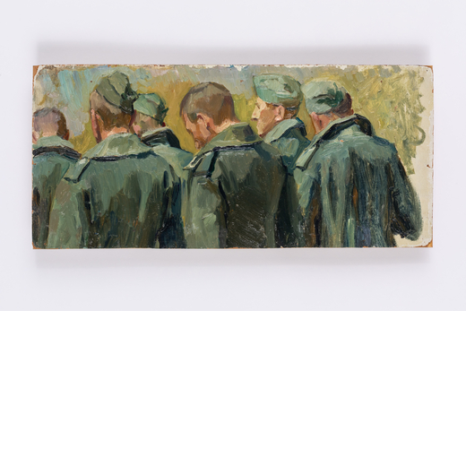 GHEORGHIY STEPANOVICH MELIKHOV Kharkov, 1908 - Kiev, 1985<br>Soldati di spalle <br>Olio su cartone, 