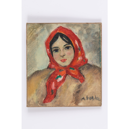 ANDREY ANDREEVICH KOTSKA Uzhgorod, 1911 - 1987<br>Ritratto di ragazza con foulard rosso <br>Firmato 