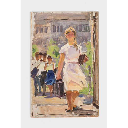 TATIANA NICOLAEVNA GOLEMBIEVSKAYA Kiev, 1936 - 2018<br>Ritorno dalla scuola<br>Olio su cartone, cm 4