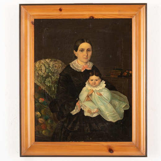 PITTORE DEL XIX SECOLO <br>Mamma con bambino in un interno<br>Olio su tela, cm 48X38