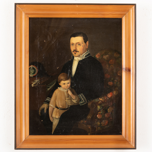 PITTORE DEL XIX SECOLO <br>Ritratto di famiglia<br>Olio su tela, cm 48X38 