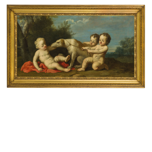 JACOPO AMIGONI  (Napoli o Venezia, 1682 - Madrid, 1752)<br>Giochi di putti<br>Olio su tela, cm 54X10