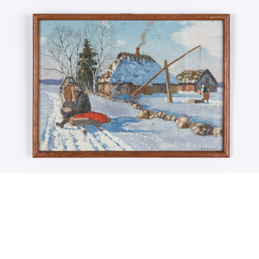 ANDREI AFANASIEVICH EGOROV Russia, 1878 - 1954<br>Paesaggio con slitta nella neve <br>Firmato in bas
