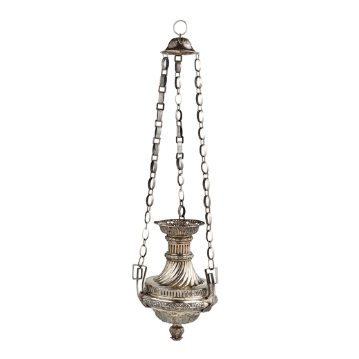 LAMPADA PENSILE IN ARGENTO, XIX SECOLO corpo decorato a motivi naturalistici, tre manici geometrici;