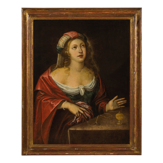 PITTORE LOMBARDO DEL XVII-XVIII SECOLO Maddalena <br>Olio su tela, cm 102X88<br>La tela reca una tra