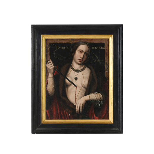 MAESTRO DEL SACRO SANGUE (attivo a Bruges tra il 1510 e il 1530) <br>Lucrezia<br>Olio su tavola, cm 