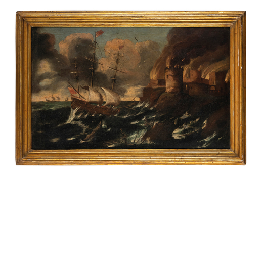 PITTORE OLANDESE DEL XVII-XVIII SECOLO Veduta costiera con vascello<br>Olio su tela, cm 67X107