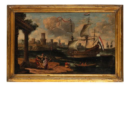 PITTORE OLANDESE DEL XVII-XVIII SECOLO Veduta costiera con vascello, figure e rovine<br>Olio su tela