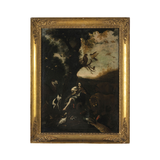 SINIBALDO SCORZA (attr. a)  (Voltaggio, 1589 - Genova, 1631)<br>Orfeo incanta gli animali <br>Olio s