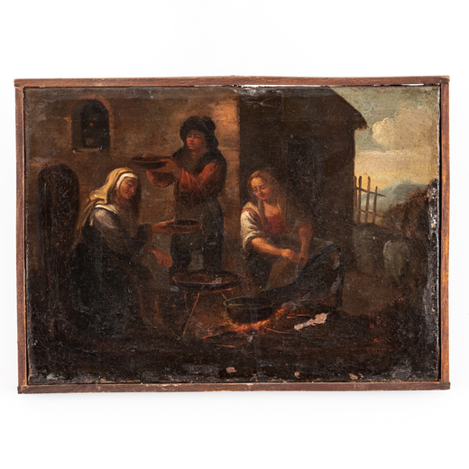 PITTORE FIAMMINGO DEL XVII-XVIII SECOLO Scena di genere<br>Olio su tela, cm 22X30