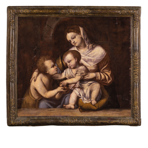 PITTORE BRESCIANO DEL XVI-XVII SECOLO Madonna con il Bimbo e San Giovannino<br>Olio su tela, cm 65X7