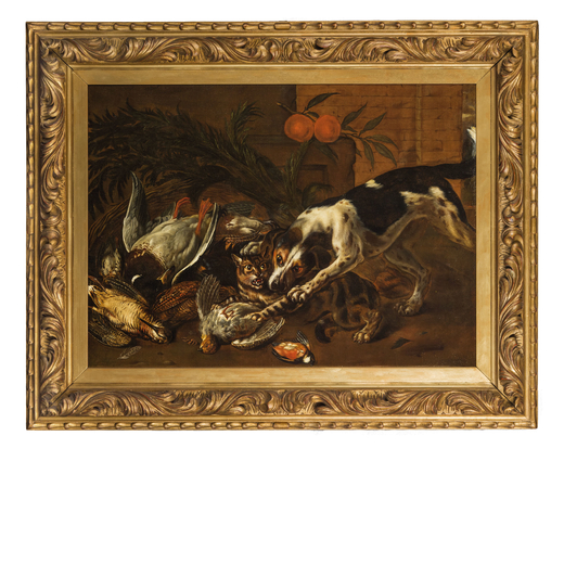 JAN FYT (maniera di) (Anversa 1611 - 1661)<br>Natura morta con cacciagione e gatto e cane che si azz