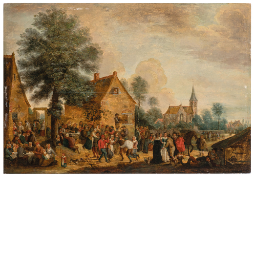 DAVID TENIERS IL GIOVANE (maniera di) (Antwerp, 1610 - Brussels, 1690)<br>Festa di paese<br>Olio su 
