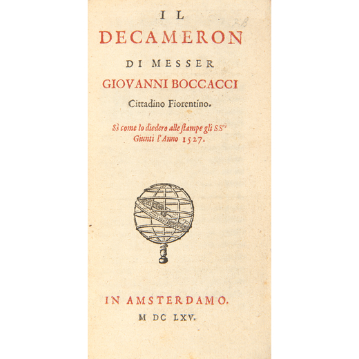 BOCCACCIO, Giovanni (1313-1375). Il Decameron. Amsterdam: [Elzevier], 1665.