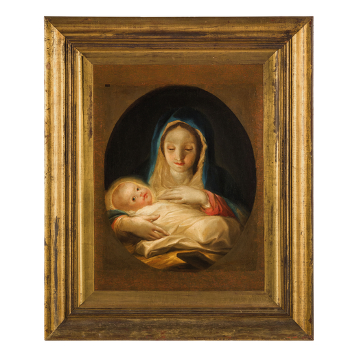 PITTORE VENETO DEL XVIII SECOLO Madonna con il Bambino<br>Olio su tela, cm 53X39<br>