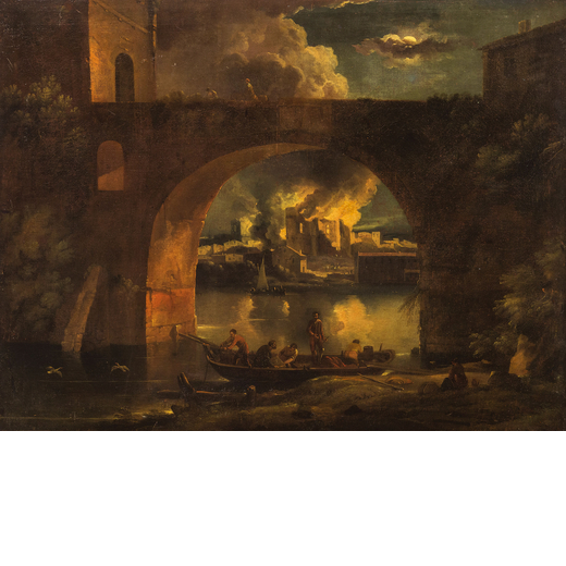 PIETER MULIER (Haarlem, 1637 - Milano, 1701) <br>Paesaggio notturno con Ponte Milvio e incendio <br>