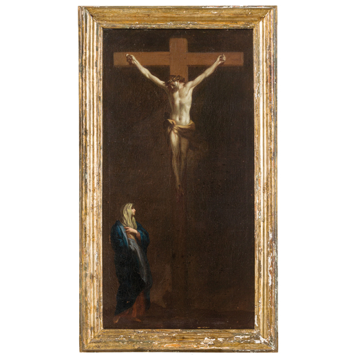PITTORE DEL XVII-XVIII SECOLO  Cristo in Croce e la Madonna<br>Olio su tela, cm 45X87