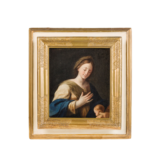 PITTORE DEL XVII-XVIII SECOLO  Madonna con Bambino <br>Olio su tela, cm 47,5X41