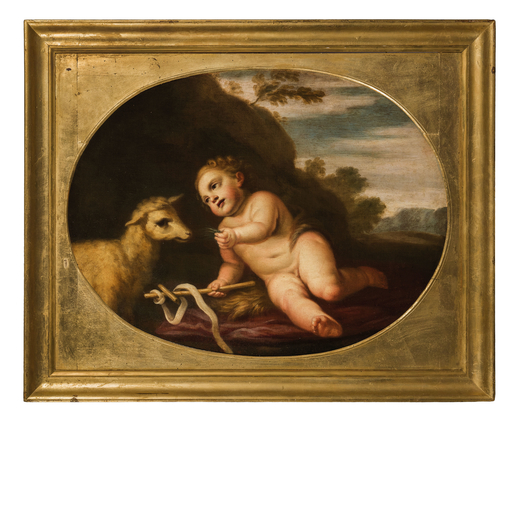 PITTORE DEL XVII-XVIII SECOLO Gesù Bambino con agnellino<br>Olio su tela ovale, cm 72X93