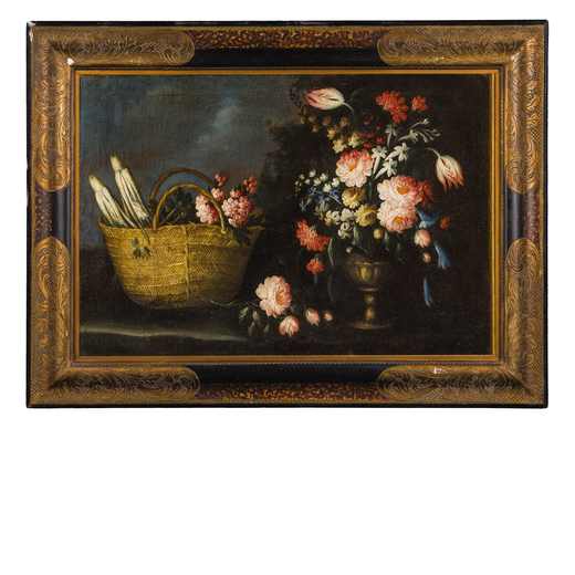 GIUSEPPE PESCI (Parma, ? - 1722)<br>Natura morta con fiori, cesto e ortaggi<br>Olio su tela, cm 75X9