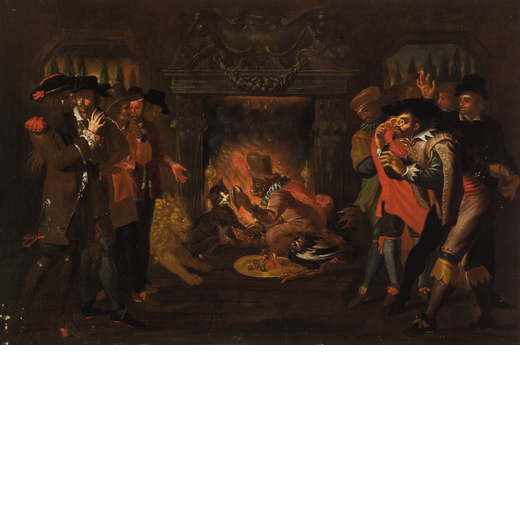 PITTORE DEL XVII-XVIII SECOLO Scena allegorica con scimmia, gatto, gallo, leone e astanti<br>Olio su