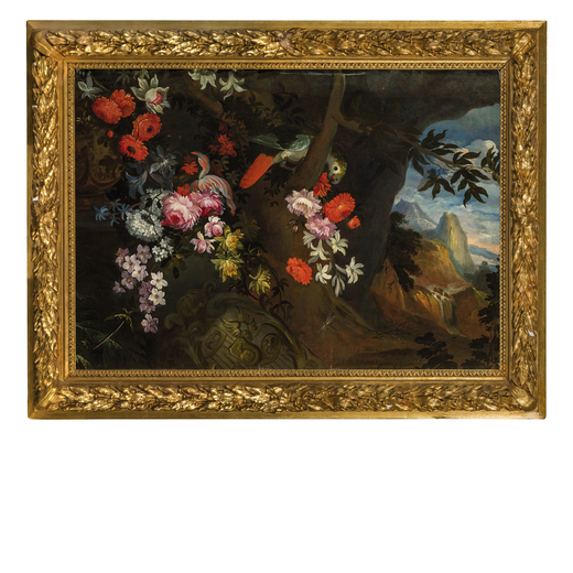 NICOLA CASISSA (attr. a) (attivo a Napoli ? - 1731) <br>Paesaggio con fiori e pappagallo<br>Olio su