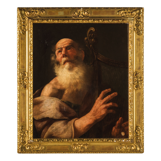 PITTORE LOMBARDO-VENETO DEL XVII-XVIII SECOLO Davide che suona larpa<br>Olio su tela, cm 72X60<br>
