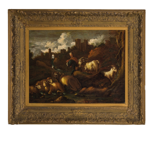 PHILIPP PETER ROOS detto ROSA DA TIVOLI(attr.a) (Sankt Goar, 1657 - Roma, 1706)<br>Paesaggio con pas