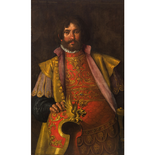 PIETRO DAMINI (Castelfranco, 1592 - Padova, 1631)<br>Ritratto duomo con armatura<br>Olio su tela, cm