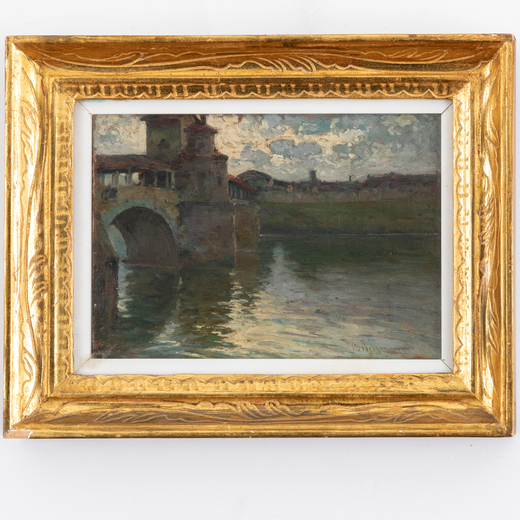 ROMEO BORGOGNONI Ravenna 1875 - Pavia 1944<br>Ponte coperto sul Ticino a Pavia<br>Firmato R Borgogno