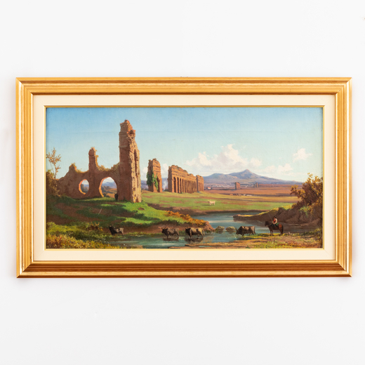 PITTORE DEL XIX-XX SECOLO <br>Paesaggio con acquedotto romano<br>Olio su tela, cm 35,5X68 