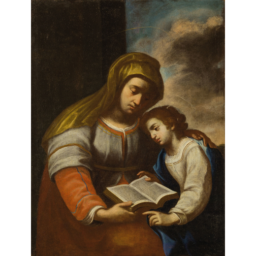 PITTORE DEL XVII-XVIII SECOLO Educazione della Vergine<br>Olio su tela, cm 97X91