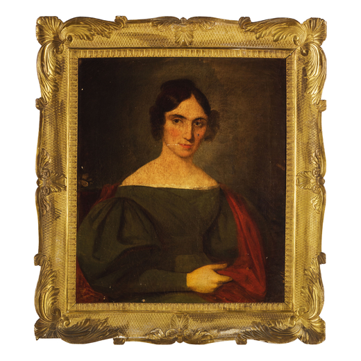 PITTORE DEL XIX SECOLO  Ritratto di donna<br>Olio su tela, cm 69X59