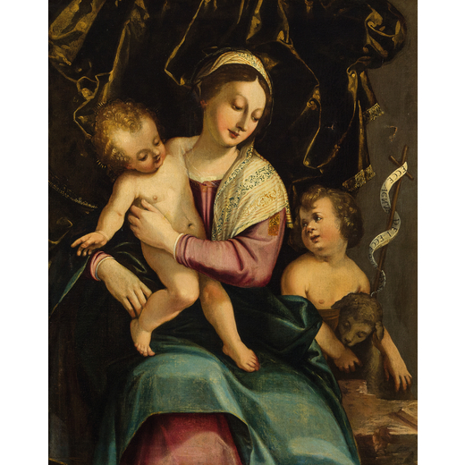 GIOVANNI FRANCESCO CAROTO (attr. a)  (Verona, 1480 - 1555 circa)<br>Madonna col Bambino e San Giovan